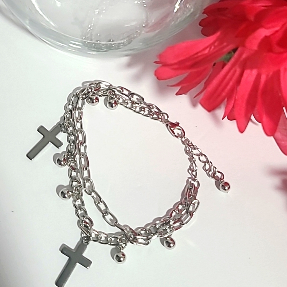 Cross Charm Silvertone Bracelet